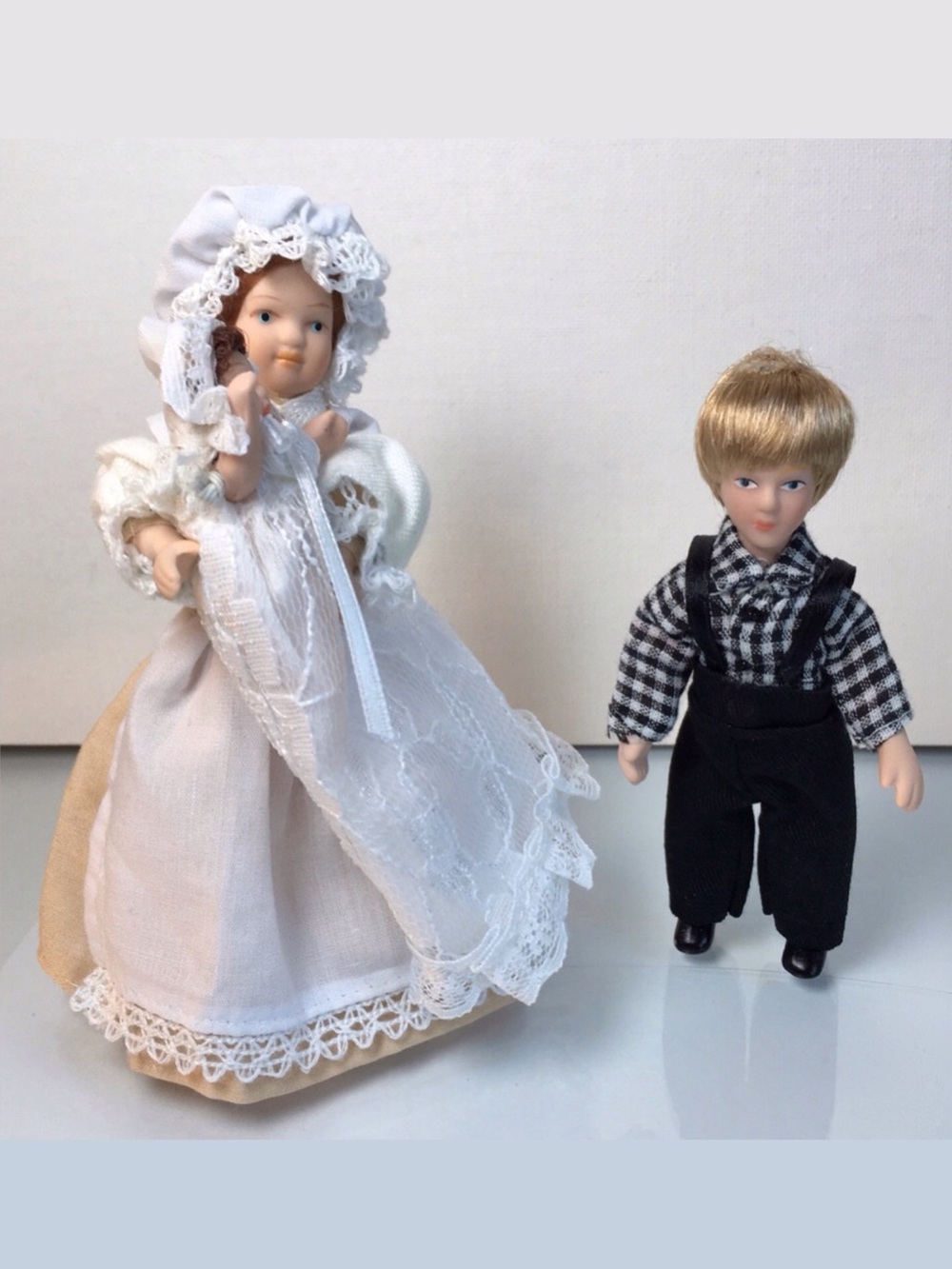 Dollhouse Miniature Poseable Victorian Maid 6”, Boy 4.5”, & Baby 2” Porcelain
